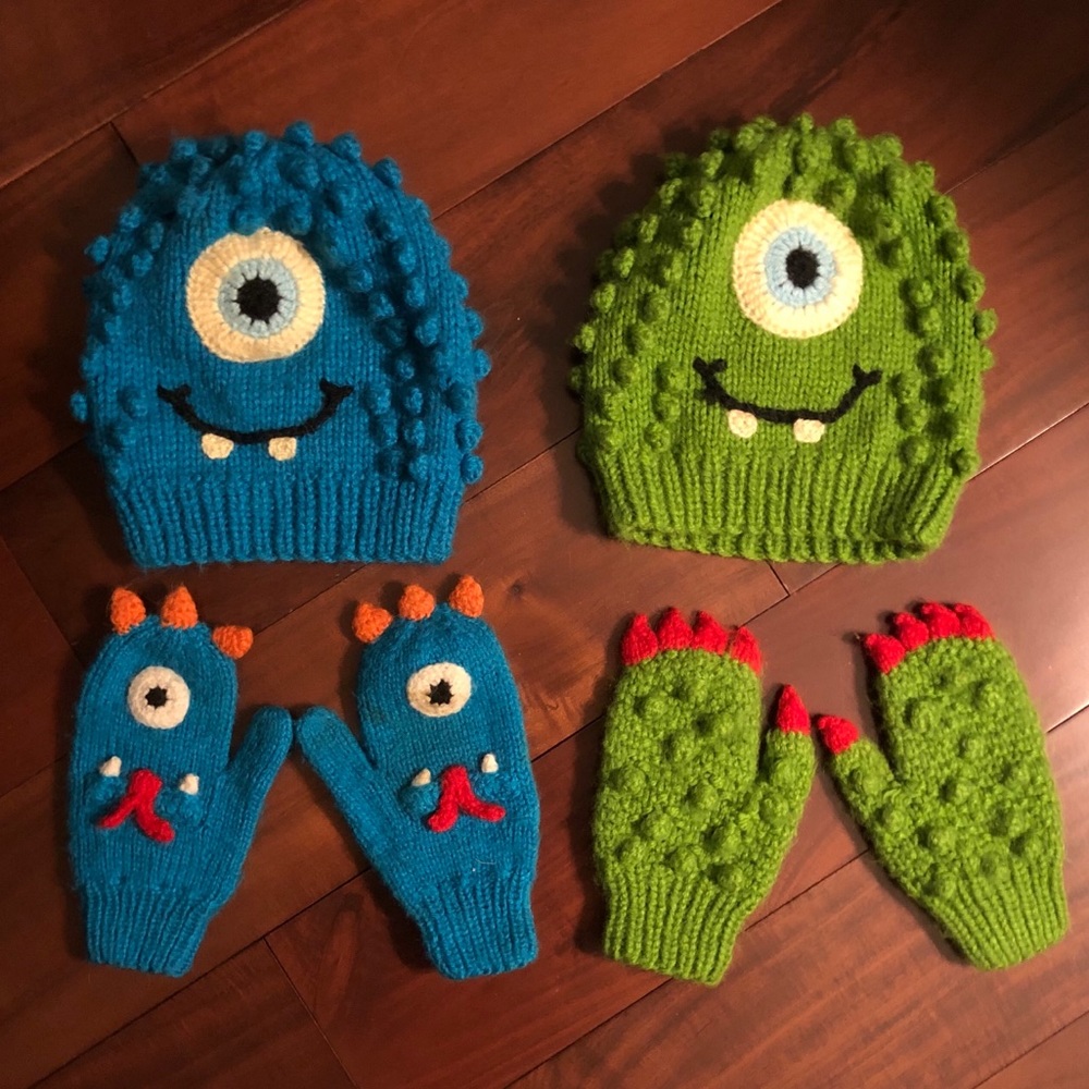 SOLD: Pair of kids’ “monster” hats and mittens